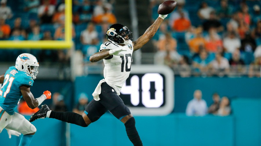 Terrelle Pryor #10 of the Jacksonville Jaguars makes a catch against the Miami Dolphins during the second quarter of the preseason game at Hard Rock Stadium on August 22, 2019 in Miami, Florida. (Credit: Michael Reaves/Getty Images)